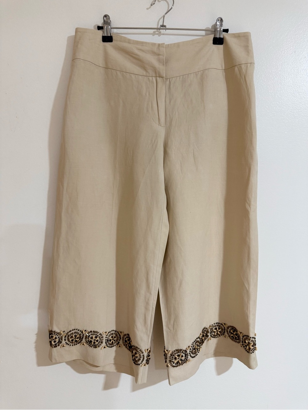 Karen Kane Silk Linen Beaded Wide Leg Capri Pants Sz 8